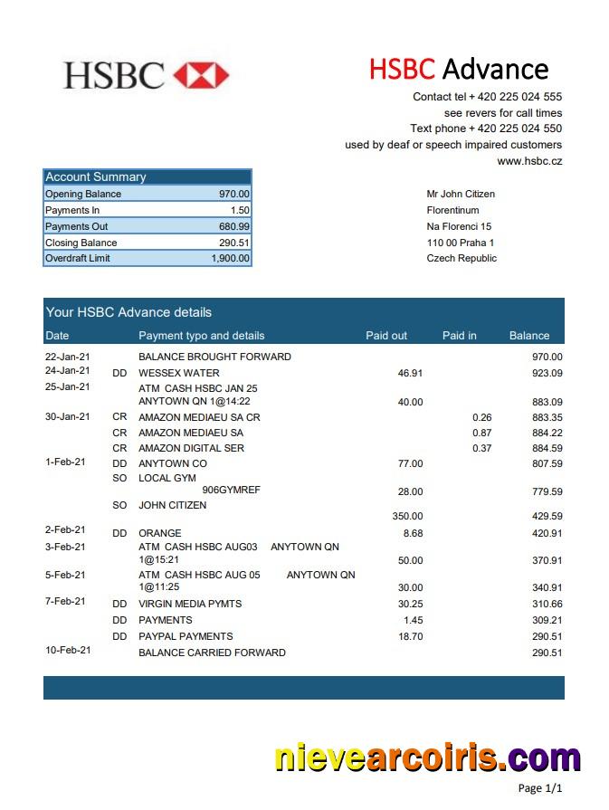 Czech HSBC bank statement easy to fill in Excel and PDF format